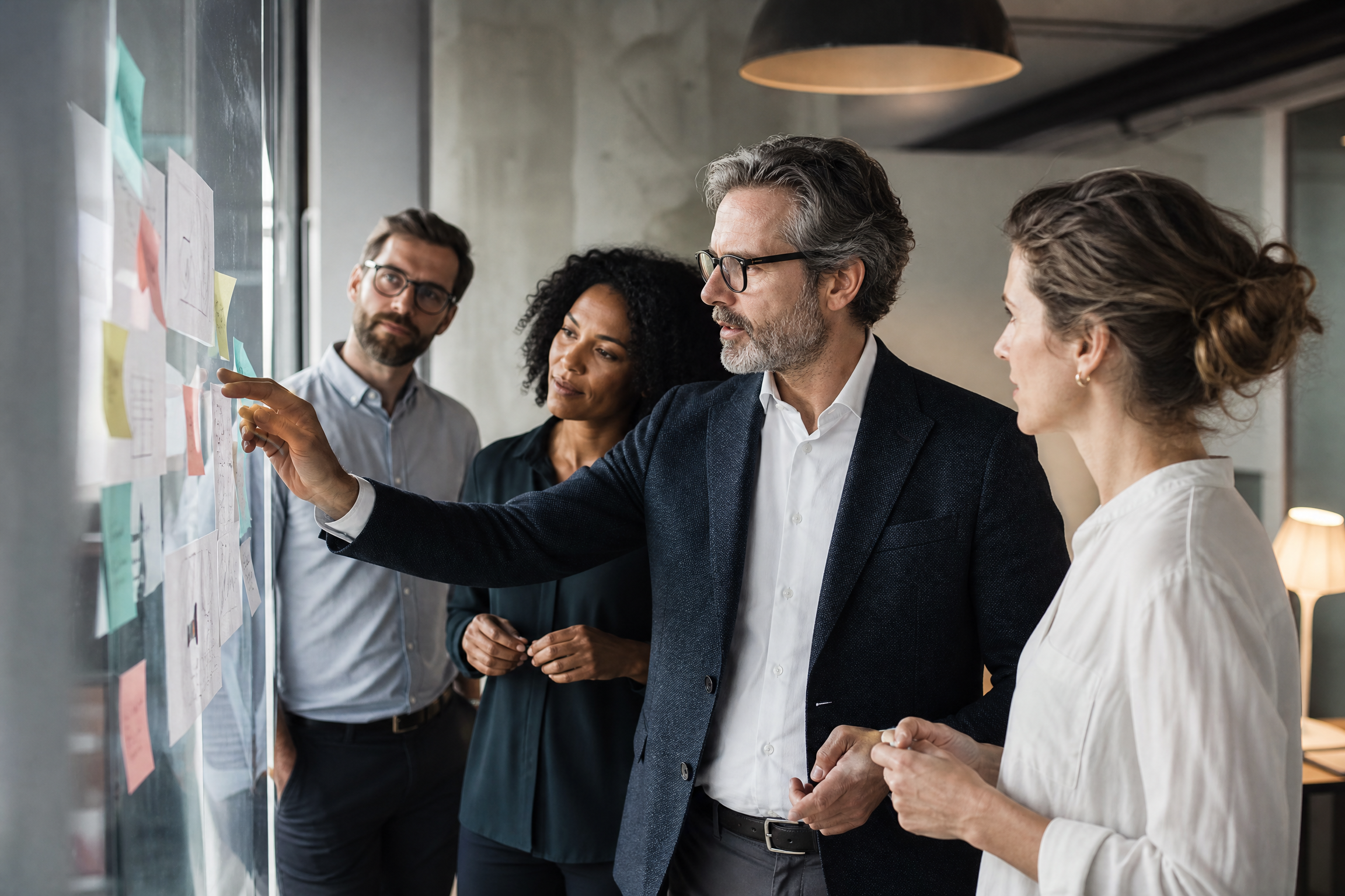 Interdisziplinäres Team in einem strategischen KI-Workshop